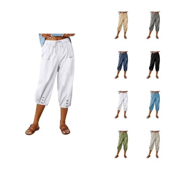 Capri Harem Pants for Women Spring Summer Elastic High Waist Relaxed Fit Cropped Pants Capris with Pockets