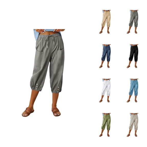 Capri Harem Pants for Women Spring Summer Elastic High Waist Relaxed Fit Cropped Pants Capris with Pockets
