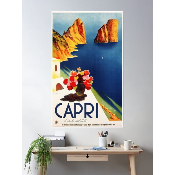 Capri Island In The Sun Naples Italy Travel Poster Vintage Art Deco Poster Wall Art, Modern Wall Decor For Living Room Bedroom, 12x18 UNFRAMED