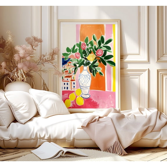 Capri Italy Floral Art : Lemons & Flowers, Retro Wall Decor Unframed Paper Print