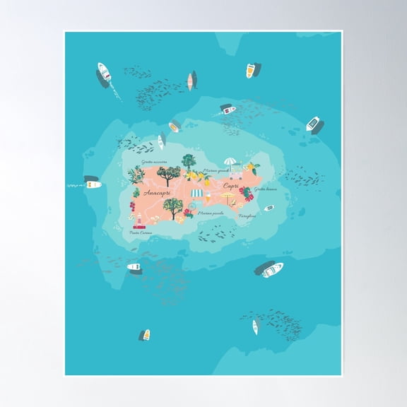 Capri Italy Sea Island Map Poster Wall Art, Modern Wall Decor, 24x36 UNFRAMED