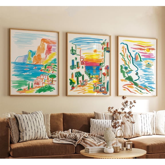 Capri Italy Set Of Colorful Line Drawing Art Mediterranean Coastal Seascape Set 3 Stretched Canvas