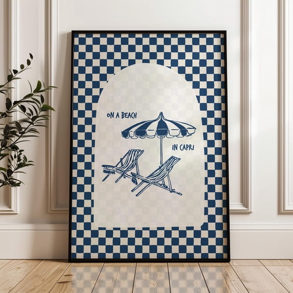 Capri Italy Wall Art Checkered Beach Umbrella Poster