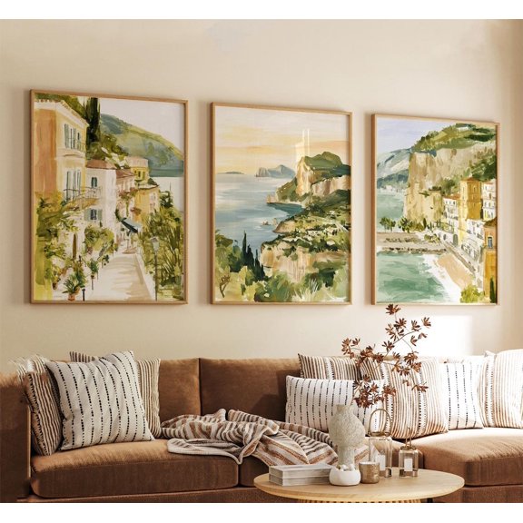 Capri Italy Wall Art Print Set Of 3, Impressionist Mediterranean Coastal Seascape Decor