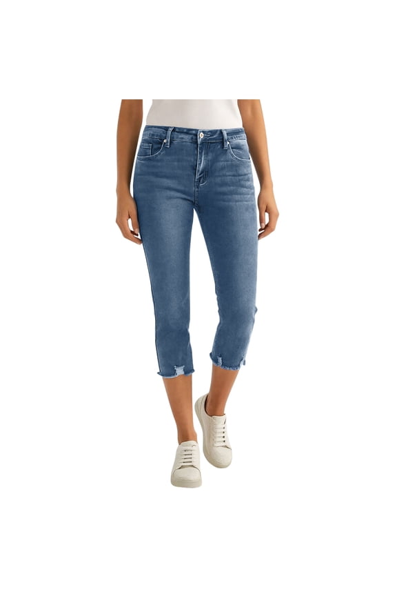Capri Jeans For Women Slim Fit Mid Rise Stretchy Cropped Jeans Summer Frayed Hem Straight Leg Denim Capris Pants With Pockets
