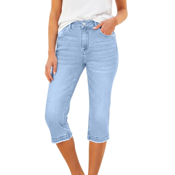 Capri Jeans For Women Trendy Mid Rise Distressed Denim Capris Skinny Stretch Summer Cropped Pants With Pockets Blue M