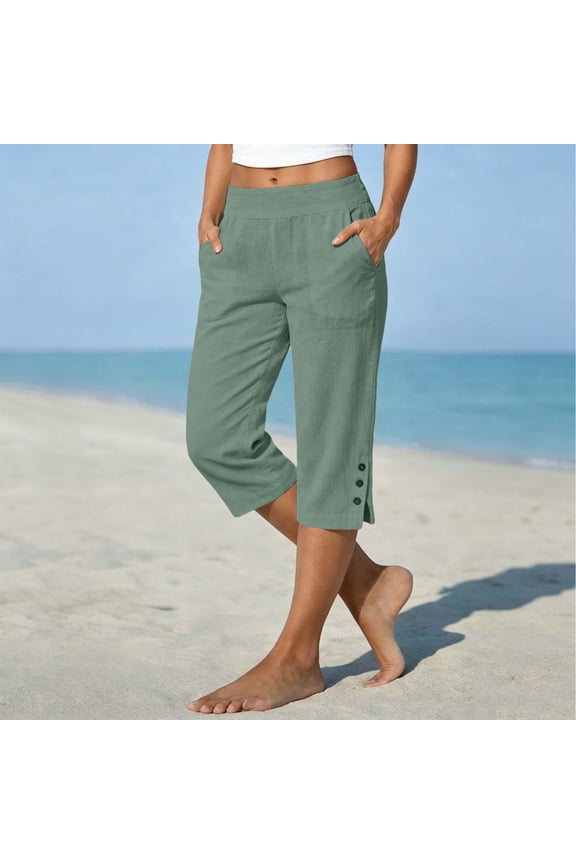 Capri Jeans for Women Summer Linen Blend Solid Loose Straight Leg Cropped Pants with Side Pockets Side Slits and A Button Detail for Effortless Style Pants for Women
