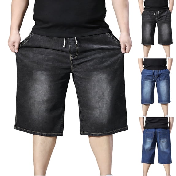 Capri Jeans for Men Wide Leg Straight Fit Pull On Stretchy Denim 3/4 Pants Elastic Waist Long Shorts with Pockets and Drawstring Blue