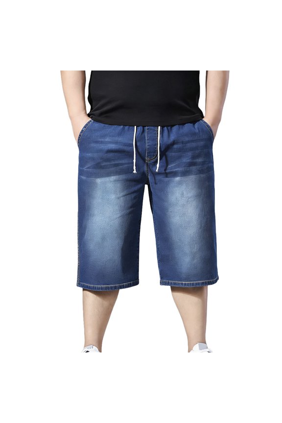 Capri Jeans for Men Wide Leg Straight Fit Pull On Stretchy Denim 3/4 Pants Elastic Waist Long Shorts with Pockets and Drawstring Blue