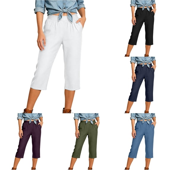Capri Jeans for Stretch Casual Elastic Waist Wide Straight Leg Plus Size Pull On Denim Capris Loose Summer Pants Workout Pants with Pockets for Women