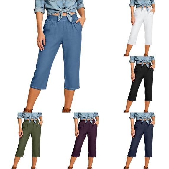 Capri Jeans for Stretch Casual Elastic Waist Wide Straight Leg Plus Size Pull On Denim Capris Loose Summer Pants Workout Pants with Pockets for Women