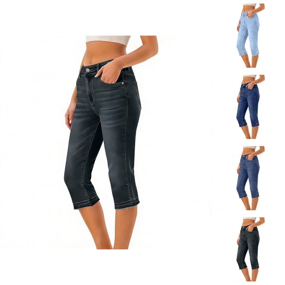 Capri Jeans for Women 2026 Trendy High Waisted Slim Fit Straight Leg Casual Denim Pants Cropped Trousers Streetwear