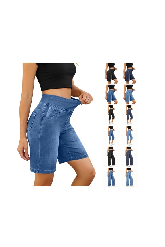 Capri Jeans for Women Casual Summer Elastic Waist Denim Pants Pull On Cropped Stretch Jean with Pockets