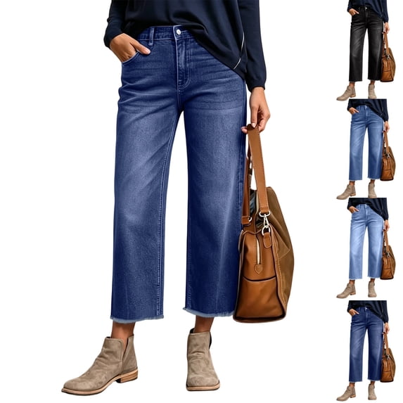 Capri Jeans for Women Cropped Trendy Ankle Womens Jeans High Waisted Baggy Fashion Raw Hem Side Seam Denim Pants Royal Blue M