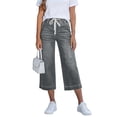 thumbnail image 1 of Capri Jeans for Women Drawstring Elastic Waist Washed Denim Jeans with Pockets Straight Wide Leg Capri Fashion Denim Pants, 1 of 7