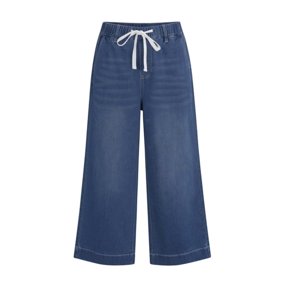 Capri Jeans for Women Dressy Casual Summer Drawstring Elastic High Waist Wide Leg Capris Pull on Denim Pants 2026 Blue L