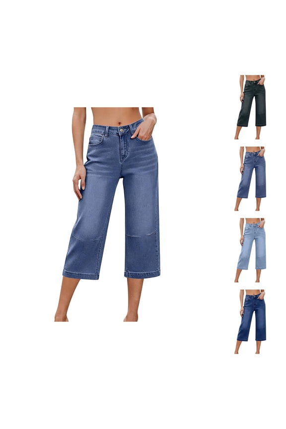 Capri Jeans for Women Elastic High Waist Relaxed Fit Washed Blue Wide Straight Leg Denim Capris with Pockets Cropped Jeans