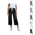 thumbnail image 1 of Capri Jeans for Women Elastic High Waist Relaxed Fit Wide Straight Leg Stretchy Denim Capris with Pockets Cropped Jeans, 1 of 5