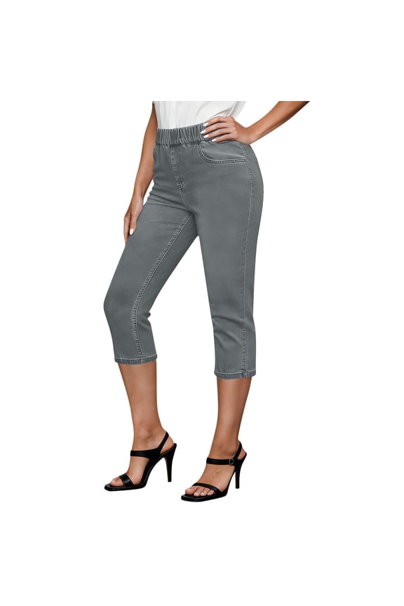 Capri Jeans for Women High Waist Cropped Denim Pants Stretch Elastic Waist Straight Leg Pant Casual Slim Fit Bottoms with Pockets