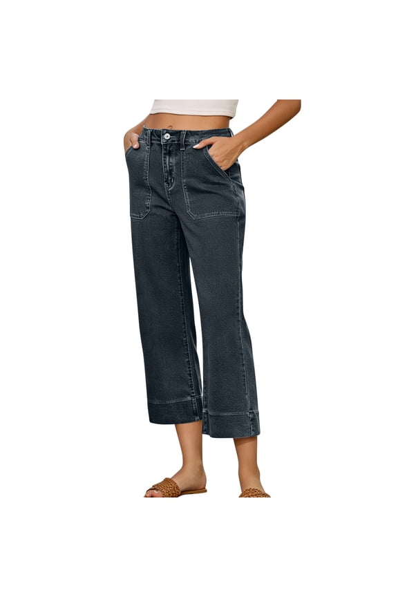 Capri Jeans for Women High Waisted Wide Leg Jeans Cropped Denim Pants with Pockets Summer Capris Dressy Casual Trouser