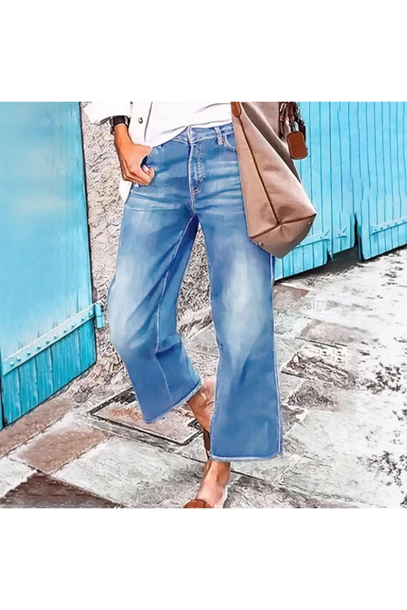 Capri Jeans for Women Low Rise Stretch Wide Le Jeans Denim Capris with Pockets Hem Light Blue L