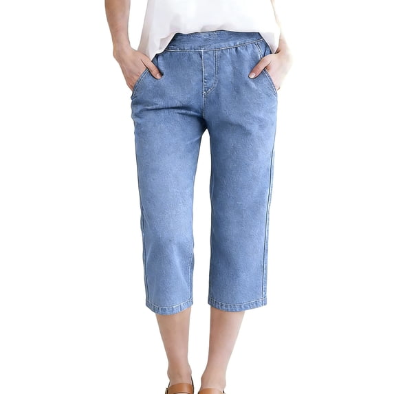 Capri Jeans for Women Pull on Denim Pants Low Rise Straight Leg Stretch Casual Elastic Waist Capris with Pockets