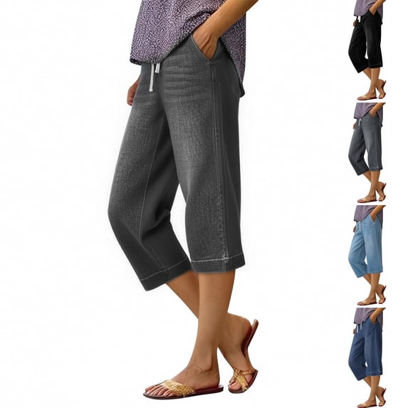 Capri Jeans for Women Stretch Casual Elastic Waist Wide Straight Leg Plus Size Pull on Denim Capris Loose Summer Pants(Gray,L)
