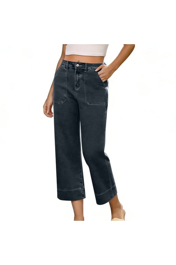 Capri Jeans for Women Summer High Waist Trendy Stretch Loose Straight Leg Cropped Denim Pants with Pockets