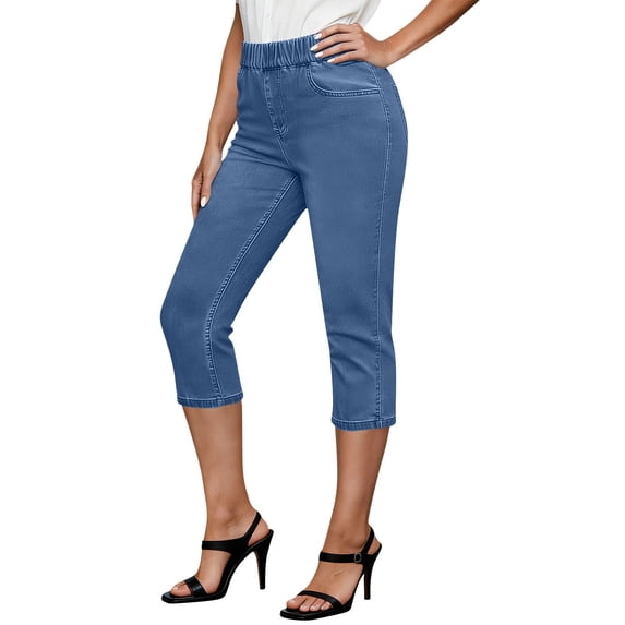 Capri Jeans for Women Trendy 100% Denim Plus Size High Waisted Straight Leg Solid Color Stretchy Button Jeans with Pockets