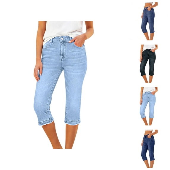 Capri Jeggings for Women Elastic High Waist Slim Fit Stretch Cropped Jeans with Pockets Denim Capris