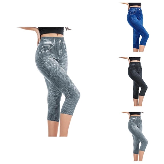 Capri Jeggings for Women Summer Casual Elastic High Waist Stretchy Denim Leggings Cropped Jean Pants with Pockets