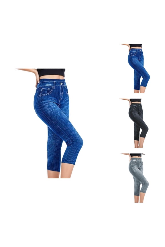 Capri Jeggings for Women Summer Casual Elastic High Waist Stretchy Denim Leggings Cropped Jean Pants with Pockets