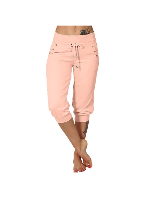 Capri Joggers Womens Elastic Waist Drawstring Tapered Leg Pants Casual Cuffed Hem Trousers Lightweight Summer Capri Pants