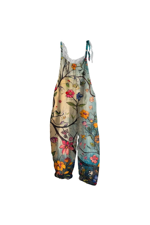 Capri Jumpsuits for Women Boho Floral Overalls Loose Fit Rompers Lightweight Travel Vacation Clothes L