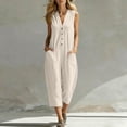 thumbnail image 1 of Capri Jumpsuits for Women Sleeveless V Neck Wide Leg Rompers Button Down Casual Summer Baggy Overalls with Pockets, S, 1 of 6