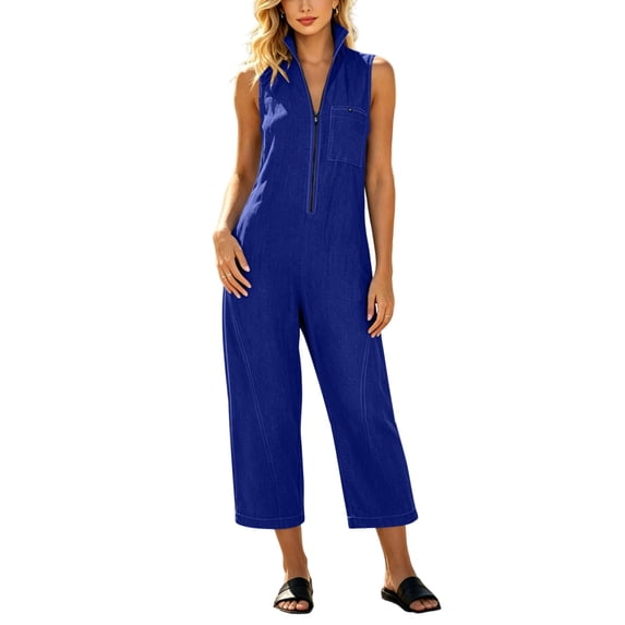 Capri Jumpsuits for Women Zipper Front Sleeveless Casual Rompers Wide Leg Collared One Piece Jumpsuit Blue, 2XL