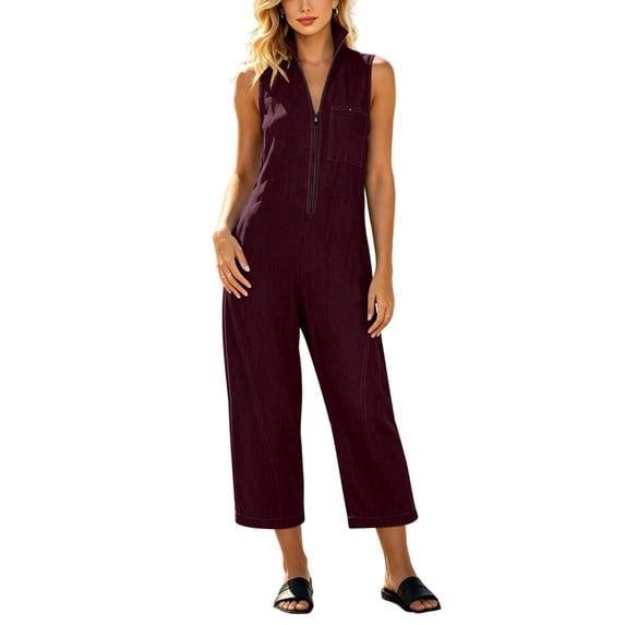 Capri Jumpsuits for Women Zipper Front Sleeveless Casual Rompers Wide Leg Collared One Piece Jumpsuit Wine, L
