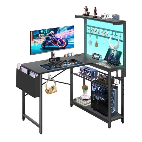 Capri L Shaped Gaming Desk, 42" Small Computer Corner Desk with Power Outlets & LED Lights & Headset Hooks & Cup Holder & Storage Bag, Carbon Fiber Black