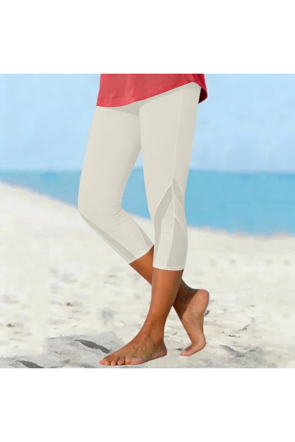 Capri Leggings For Women 2026 Casual Mesh Design Knee Length Trousers Summer Women Capri Pants Workout Compression Pants Beige Capri For Women