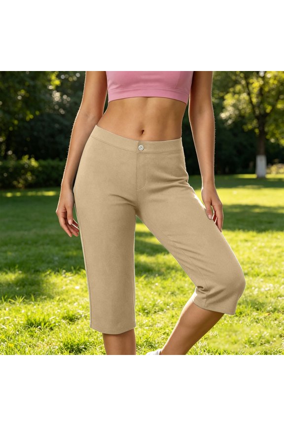 Capri Leggings For Women Summer Casual High Waisted Knee Length Pant Workout Yoga Cropped Pants Khaki 2XL