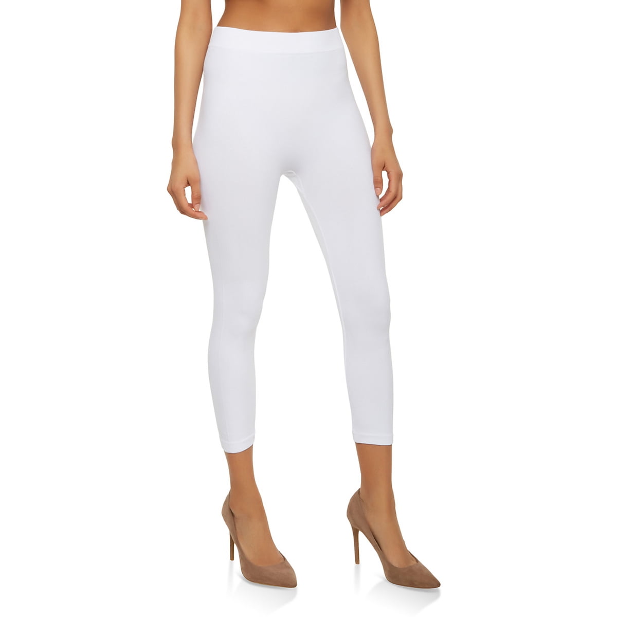 Capri Leggings Soft and Smooth with Extra Stretchy Fabric 3/4 Ribbed  Cropped High Waist (White)