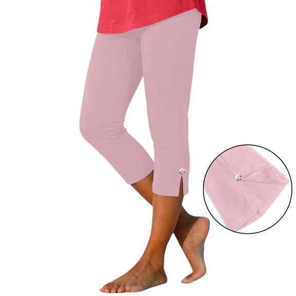 Capri Leggings For Women 2026 Decorative Button Desgin Knee Length Legging Summer Clothes For Women Trendy Lightweight Ladies Clothing Pink Capri For Women