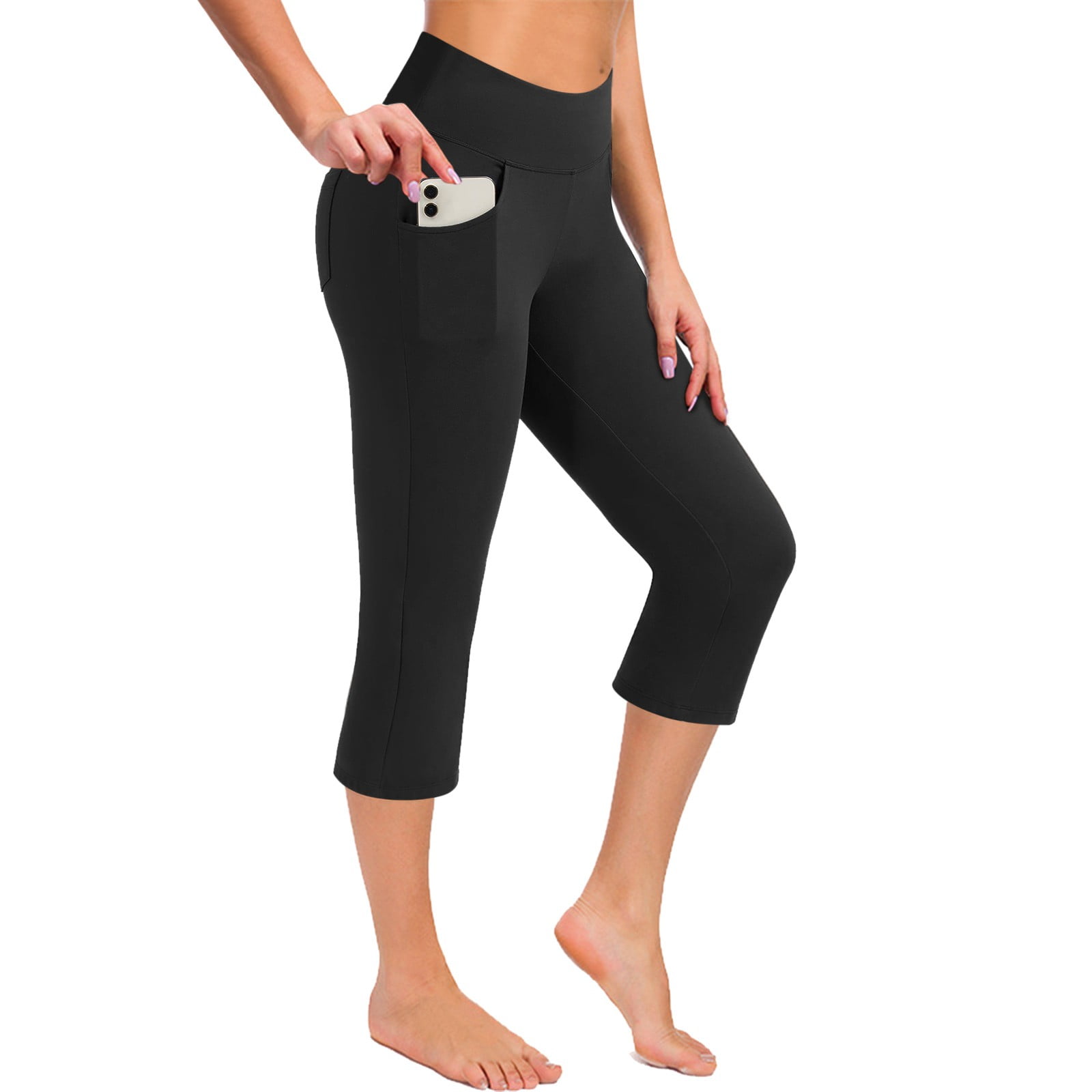 Heathyoga High Waisted Yoga Pants With Pockets - Capri Length, Space Dye Mattblack, Moisture Wicking & Squat Proof