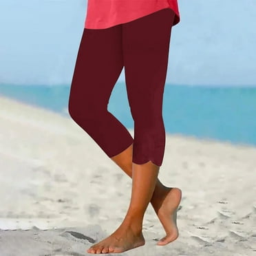 Capri Leggings for Women Clearance Tummy Control High Waisted Athletic Yoga Pants Stretchy Opaque Running Capri Pants with Pockets Comfortable Non-See SlimmingWineXXL