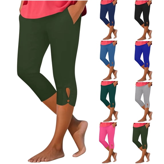 Capri Leggings for Women 2026 Summer Stretch Plus Size High Waisted Soft Casual Workout Yoga Pants with Pockets Army Green L