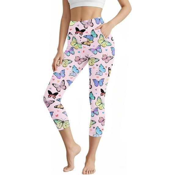 Capri Leggings for Women Butterfly Print Pants Summer High Waist Stretch Casual Pants Ladies Exercise Leggings Yoga Capris