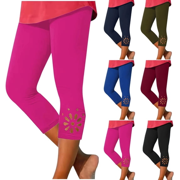 Capri Leggings for Women Elastic High Waisted 3/4 Length Yoga Pants Summer Soft Lightweight Workout Capris Hot Pink S