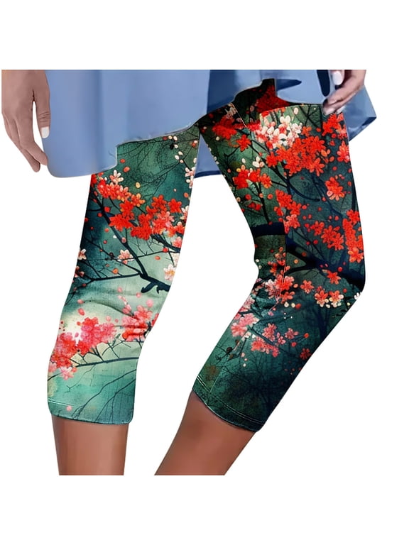 Capri Leggings for Women Fashion Floral Printed High Waist Workout Lounging Yoga Pants Running Gym Leggings (2XL, Green)