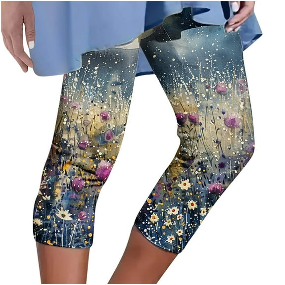 Capri Leggings for Women Fashion Floral Printed High Waist Workout Lounging Yoga Pants Running Gym Leggings (3XL, Blue 1)