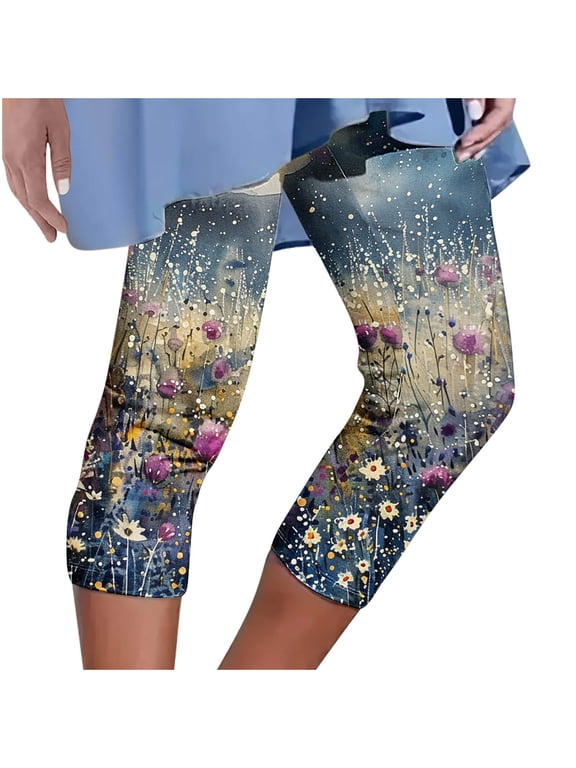 Capri Leggings for Women Fashion Floral Printed High Waist Workout Lounging Yoga Pants Running Gym Leggings (M, Blue 1)